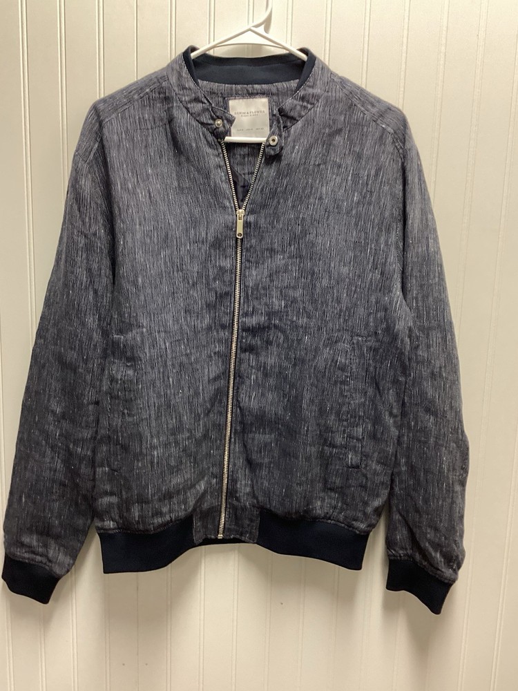 Denim&Flower Mens Lg Navy/white Pattern Linen Bomber Zip Pockets