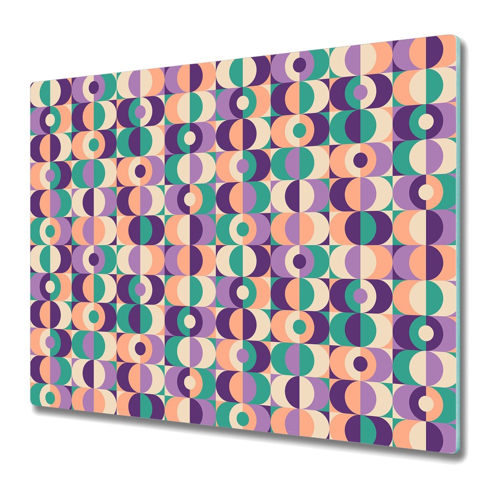 Vintage Glass Chopping Board with Geometric Purple Orange Green Design 60x52