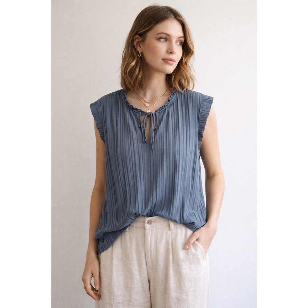 Adrianna Papell Slate Blue Pleated Tie Neck Sleeveless Blouse Top Size Large