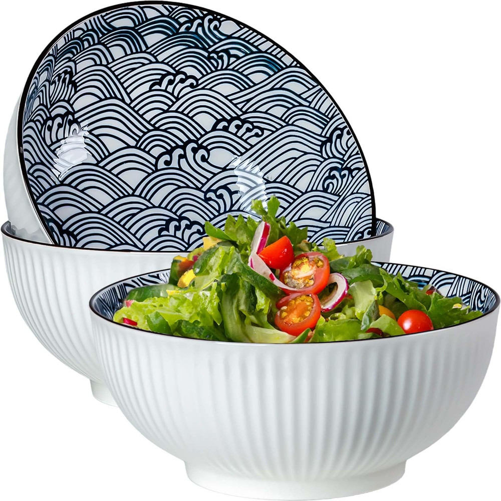 Large Soup Bowls, Pho & Ramen Set of 3, 60 Oz Blue & White Porcelain - Wave Patt