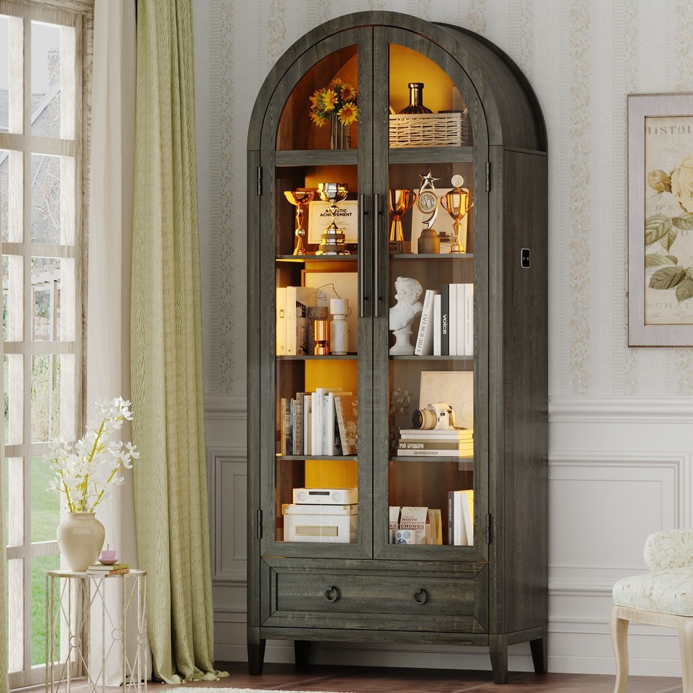 Arch Display Cabinet with Glass Doors, 4-Tier Curio Cabinet Shelves and a Drawer