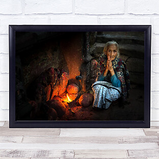 Gratitude Nepal Street Temple Fire Prayer Love Devotion Evening Wall Art Print