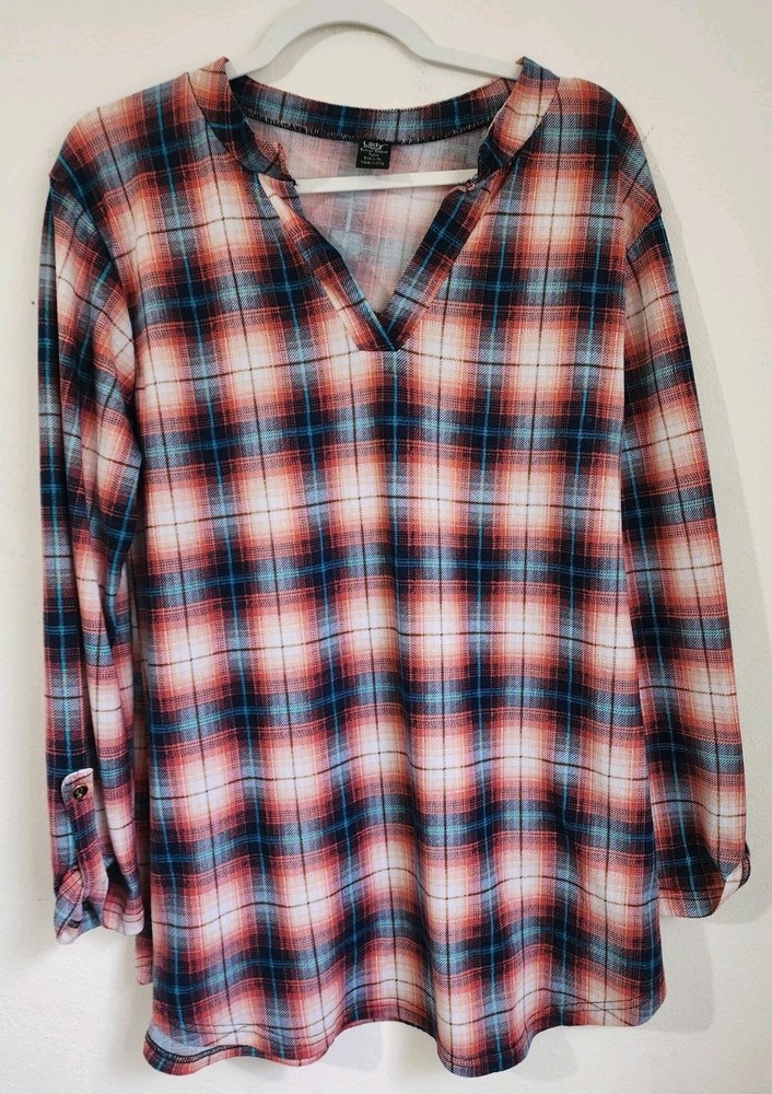 Lildy Womens L/XL Multicolor Plaid Tunic Top V-Neck 3/4 Sleeve Stretch Top