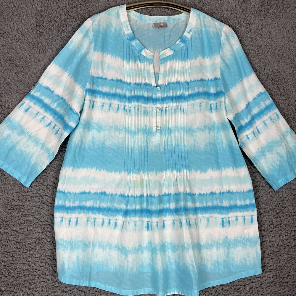 J.Jill Blouse Womens Large Sky Blue Tie Dye Pintuck Henley V Neck Roll Tab-i