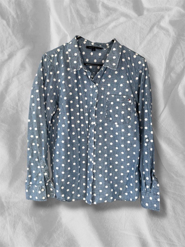 Tommy Hilfiger Chambray Polka Dot Collared Long Sleeve Button-Up Blouse L