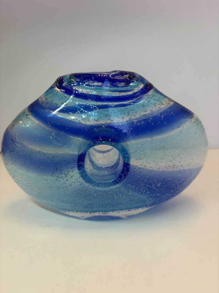 Margies Glass Garden Donut Hole Art Glass Vase Blue Ribbon Swirls Hand Blown