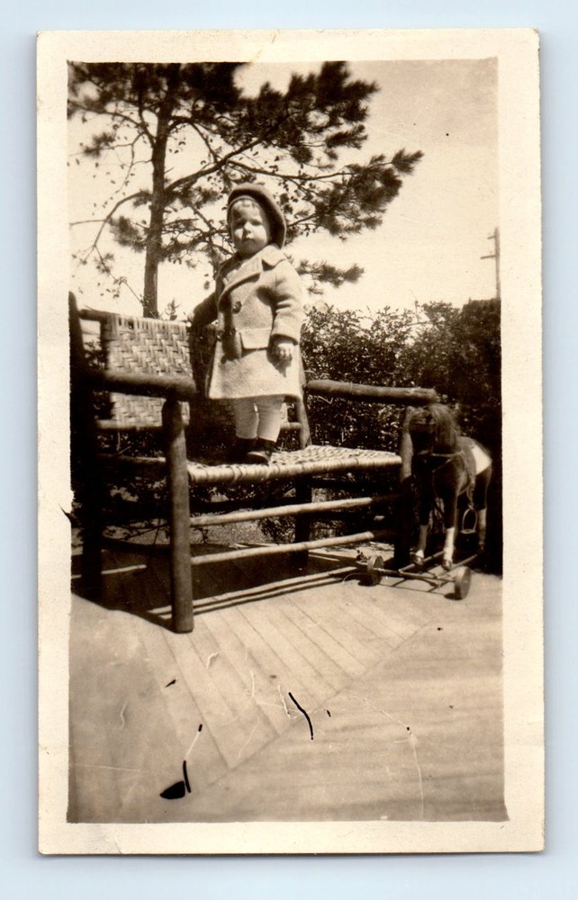 Old Vintage Photo SOLO BOY COAT HAT BENCH TOY HORSE ON WHEELS SNAPSHOT PIC