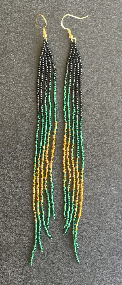 Black Green & Gold Seed Bead Beaded Earrings Boho Fringe Dangle Tassel Ex Long