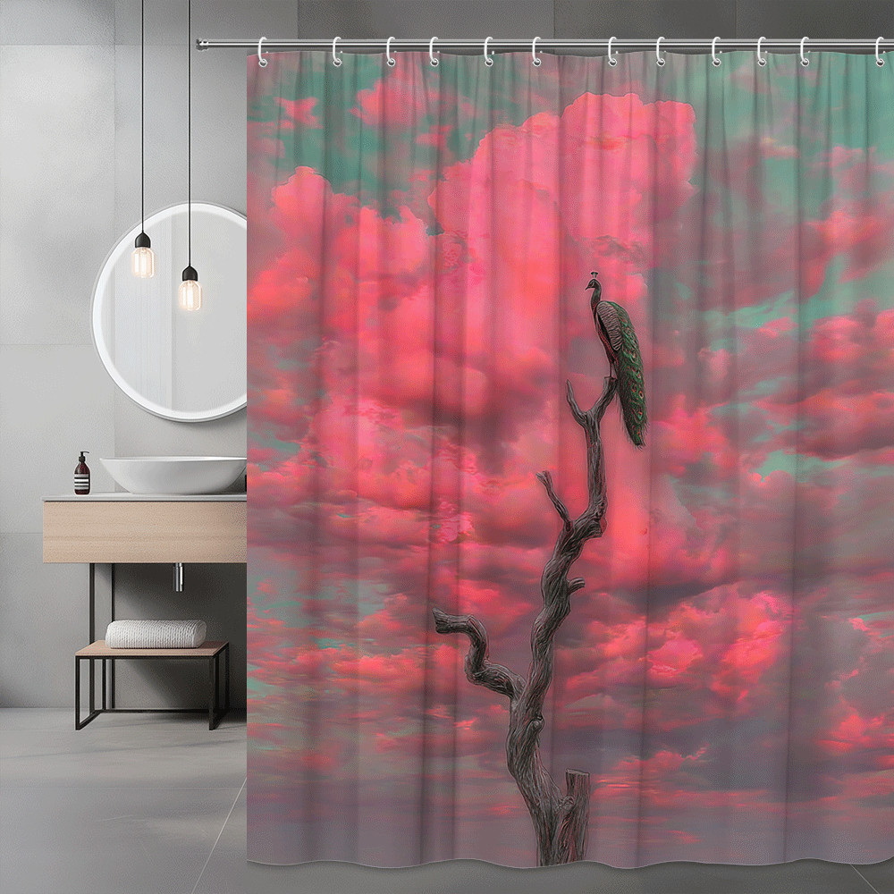 Peacock on Branch Shower Curtain Pink Cloud Sky Print