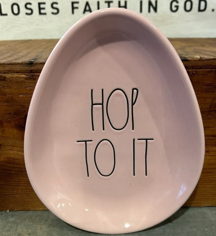 Rae Dunn Magenta Pink Easter Egg Shaped Plate Trinket/Candy Dish HOP TO IT 6 x 8