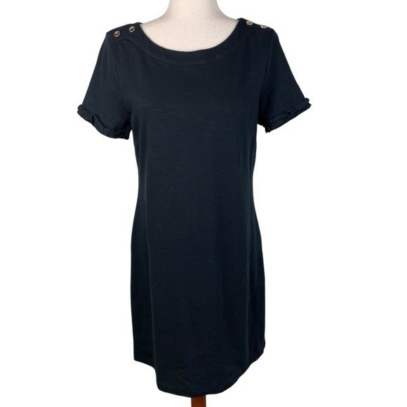 Talbots Black Gold Button Knee Length T-Shirt Dress Size Medium Petite Cotton