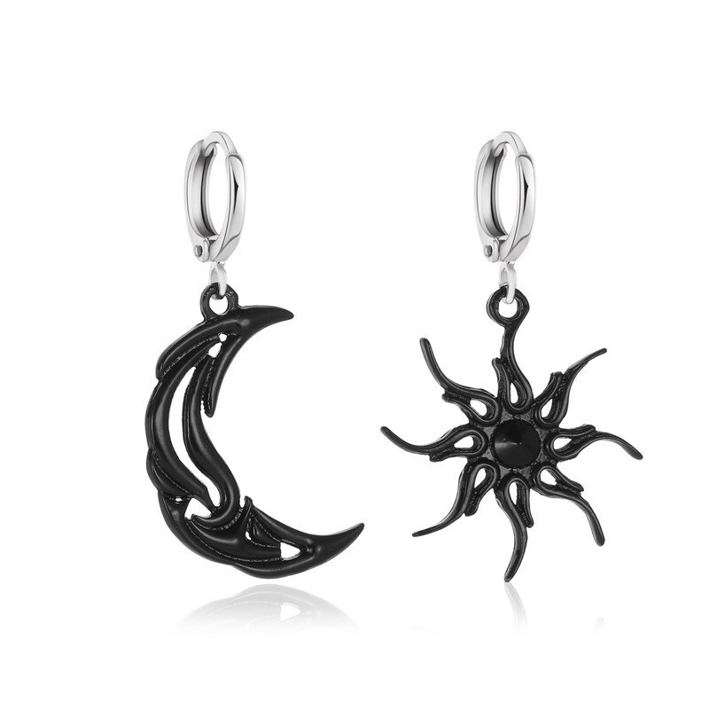 Women's Abstract Sun Moon Asymmetric Hoop Huggie Dangle Earrings S14