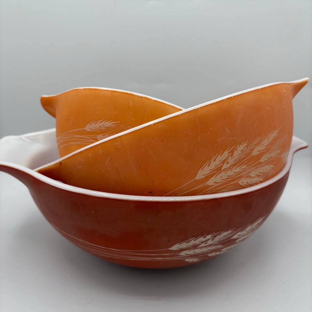 Vintage Pyrex Autumn Harvest Wheat Cinderella Mixing Bowls – 441, 443, 444