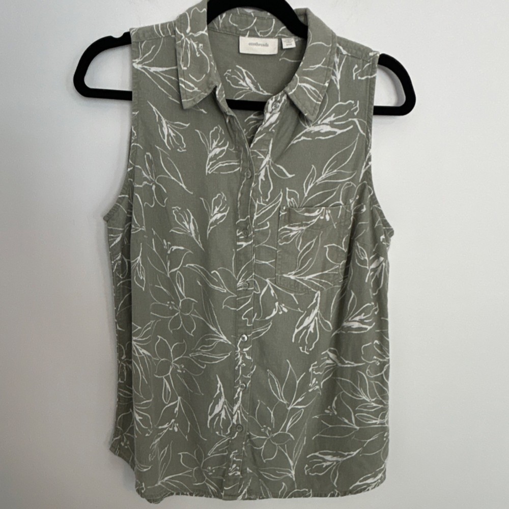 ecothreads Green Floral Linen Rayon Sleeveless Button-Up Shirt S Women's