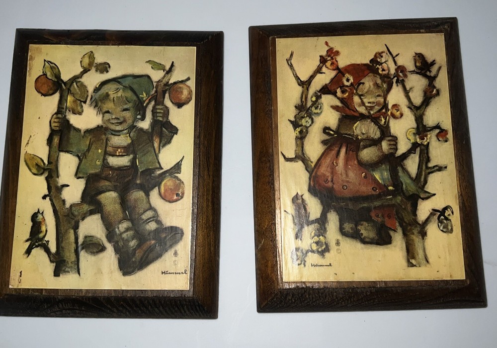 Vintage Hummel Style Wall Plaques Set of 2 Boy Girl Apple Tree Framed Art