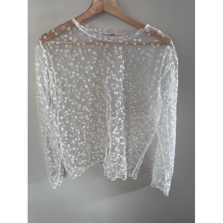 Sheer White Mesh Long Sleeve Floral Daisy Embroidered Top Crew Neck Layering L