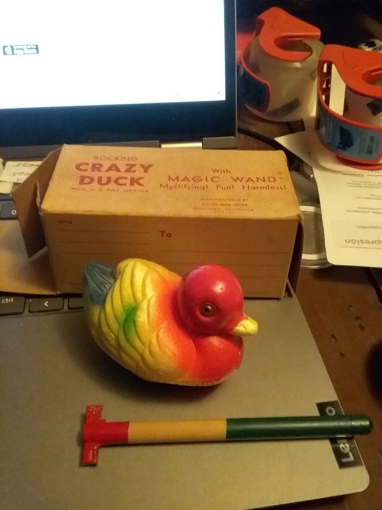 1950s Rocking Crazy Duck in Box With Magic Wand Magnetic Toy Bath Water Box