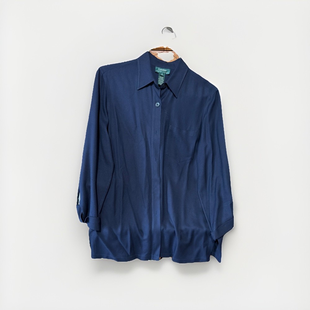 Lauren Ralph Lauren Women Long Sleeve Button Sz 8 Collared Navy Blue Silk Blouse