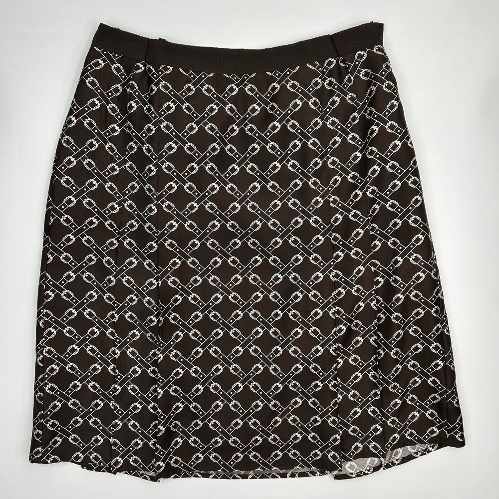 J Crew Skirt Womens 10 Brown 100% Silk Pleated Vintage Novelty Print Classic EUC
