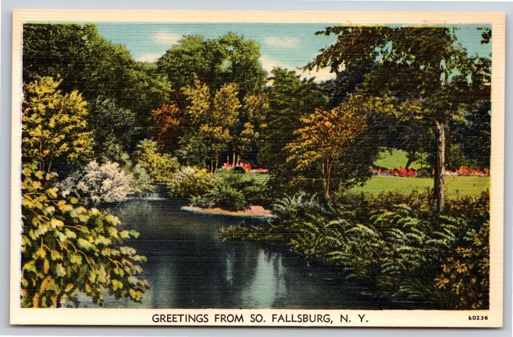 South Fallsburg New York Greetings~Lake In Scenic Park~Vintage Linen Postcard