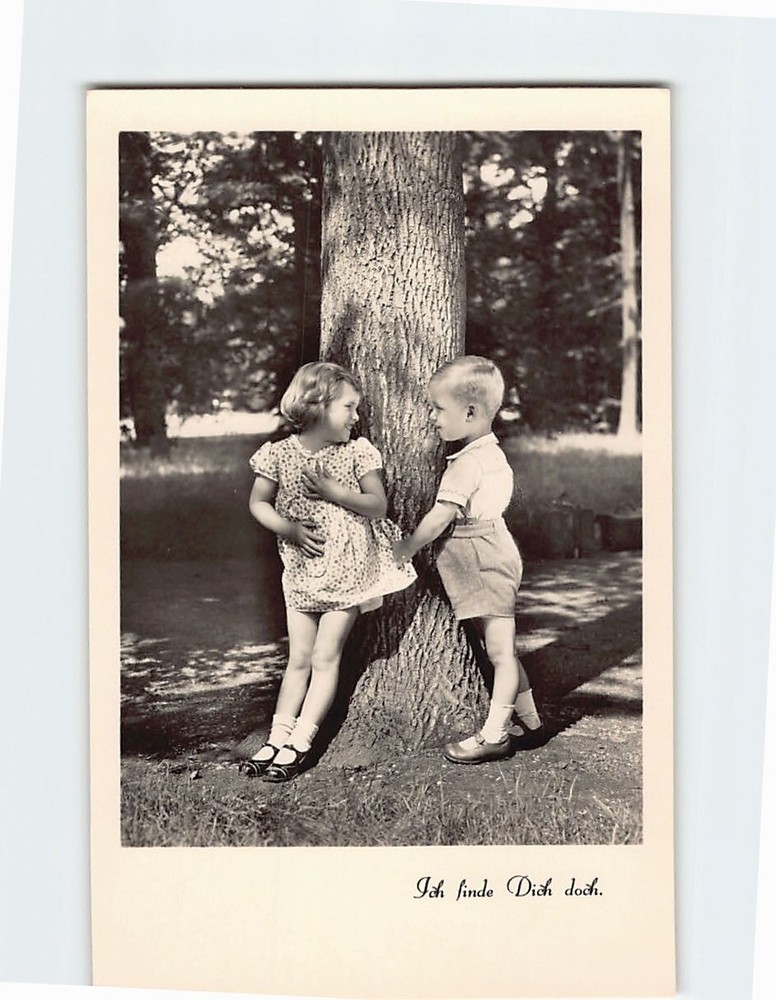 Postcard A Boy and A Girl Playing by the Tree