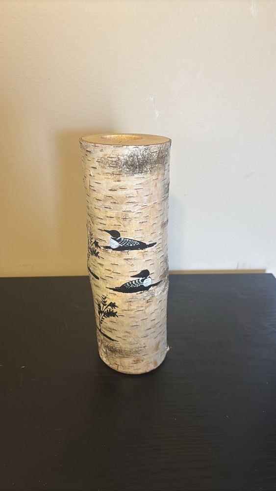 Rustic Birch Wood Log Candle Holder, Painted Loon Bird Design, Lodge Decor