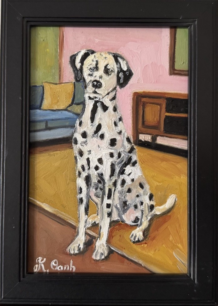 ORIGINAL OIL PAINTING DALMATIAN DOG PORTRAIT INDOOR SCENE SIGNED FRAMED 4x6