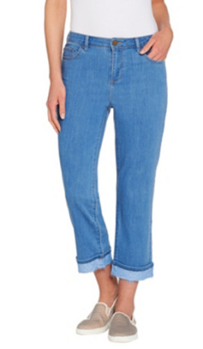 LOGO Lori Goldstein Lt Steel Blue Wash Straight Crop Refined Jeans Lace Cuff New