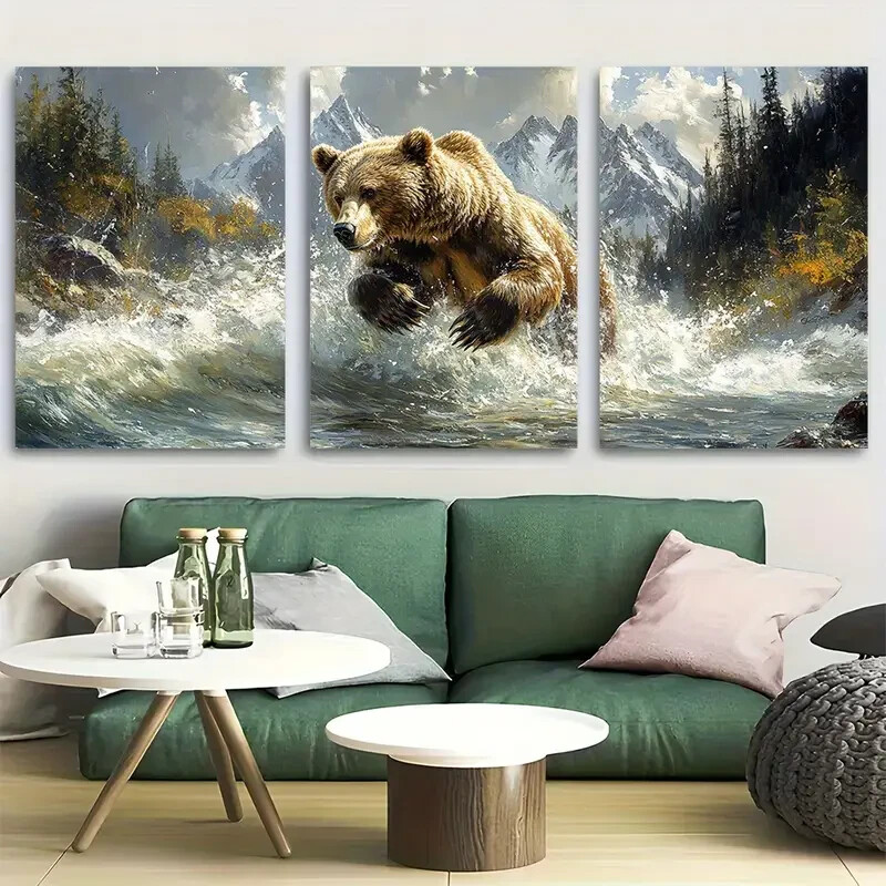 3pcs Majestic Mountains Grizzly Bear Fishing Metal Wall Art Ready to Hang