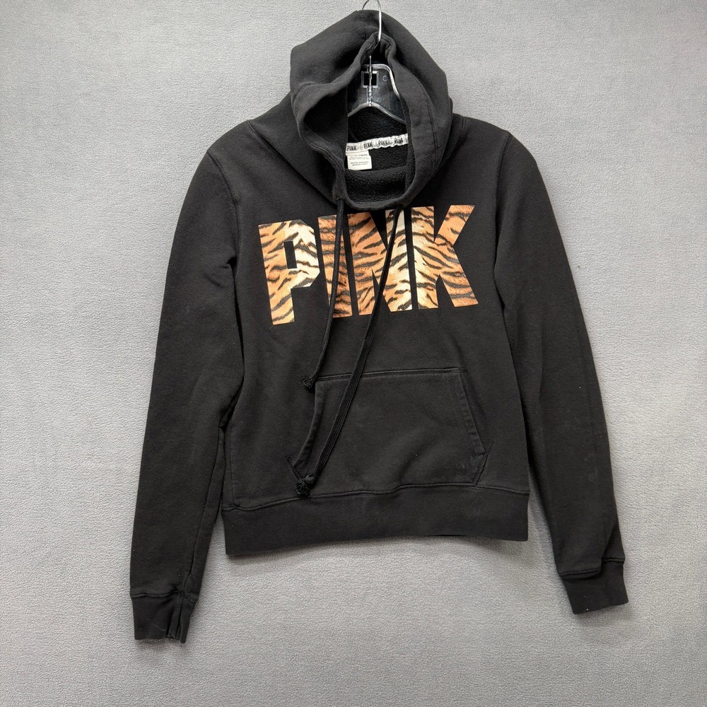 PINK Victoria's Secret Hoodie Black Tiger Print Graphic Pullover Womens Medium