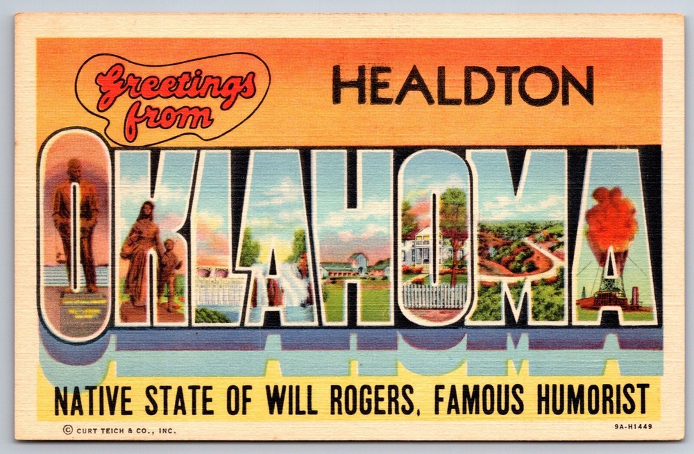 Greetings From Healdton Oklahoma~Multi-View~Vintage Large Letter Linen Postcard