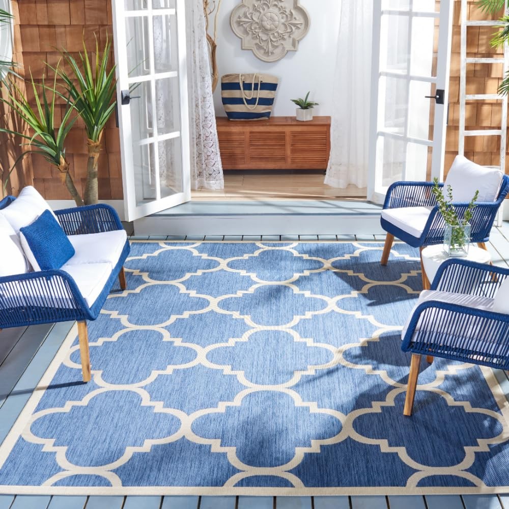 Courtyard Collection 8x11 Blue Beige Moroccan Trellis Indoor Outdoor Area Rug CY6243