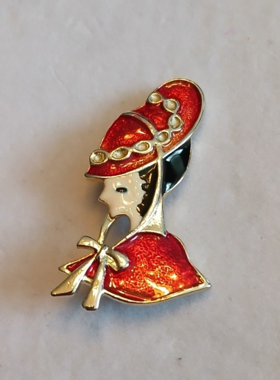 Vintage Gold Tone Brooch With Enamel Lady In Red Hat 2