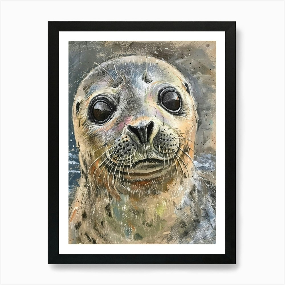 Harp Seal Pastel Watercolor Framed Wall Art Canvas Print Poster