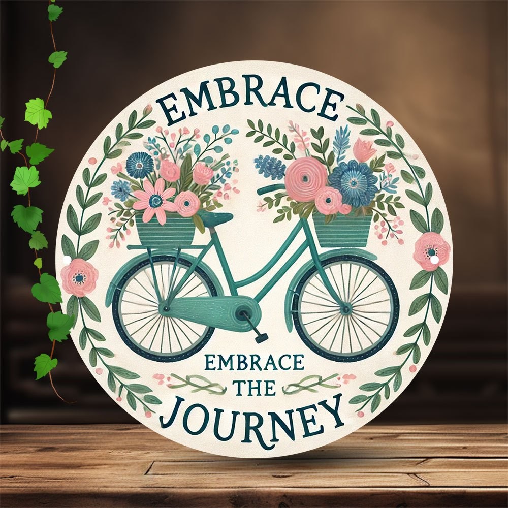 Floral Bicycle Journey Round Aluminum Art 7.8Inch