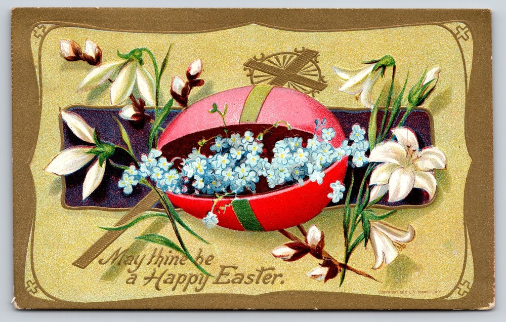 May Thine Be A Happy Easter~Egg W/ Cross & Flowers~Gold Border~Embossed~Postcard