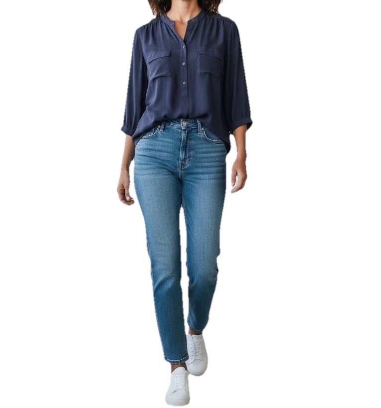 Parker Silk Blouse Navy Blue 3/4 Sleeve Button Front Popover Top Size M