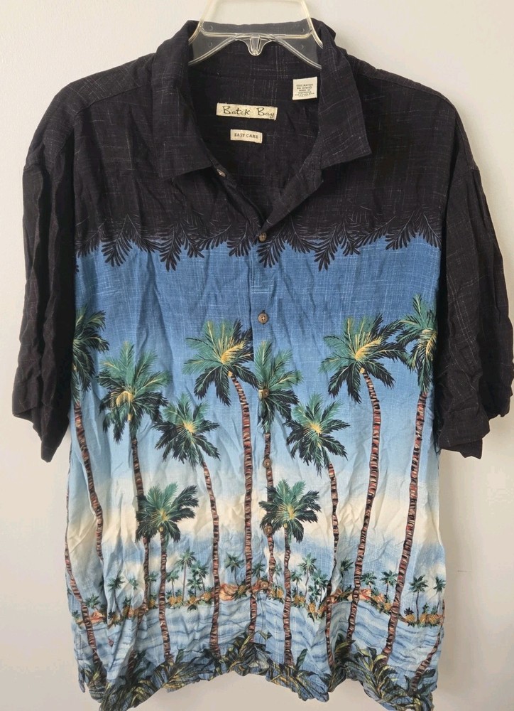 Batik Bay Hawaiian Shirt Mens XXL Black Blue Palm Tree Tropical Rayon Button...