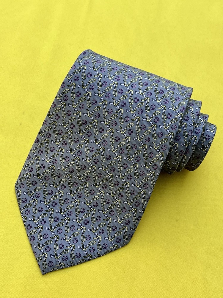 Authentic SALVATORE FERRAGAMO Riding whip Design On Gray 100% Silk Necktie Tie