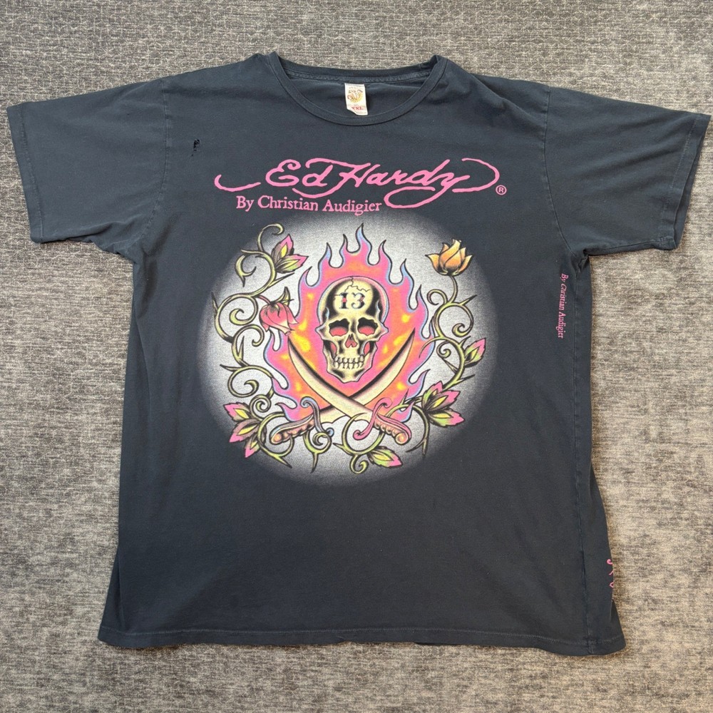 Ed Hardy by Christian Audigier Mens XXL Black Skull Flame Graphic T-Shirt Y2K