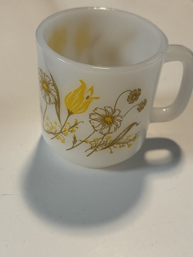Mid-Century Modern -Glasbake, Milk glass Coffee Cup/ Mug, Yellow Floral -Vintage