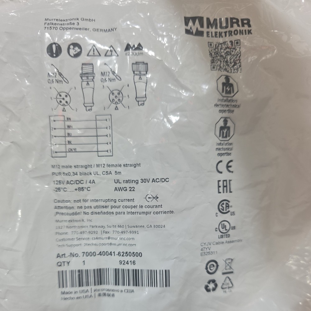Murr Elektronik 7000-40041-6250500 M12 Male 0°/ 12 Female 0° A-cod Connector