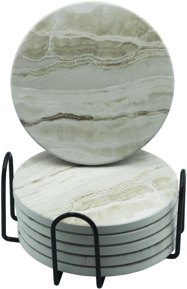 6 PCS Drink Coasters with Holder, 4 Inch Marble Style Ceramic Coaster for Coffee