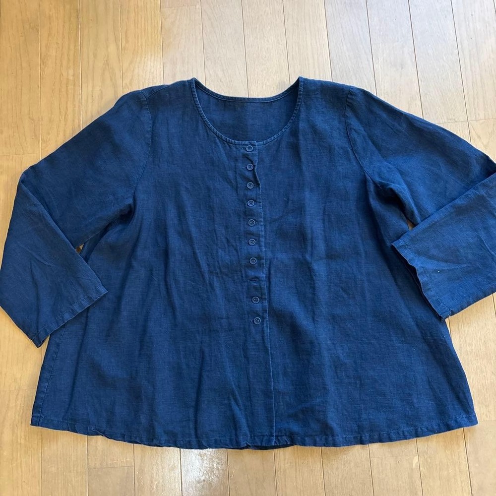 Nest Robe Long Sleeve Blouse Linen Dark Blue Used 100% Linen Haori Style