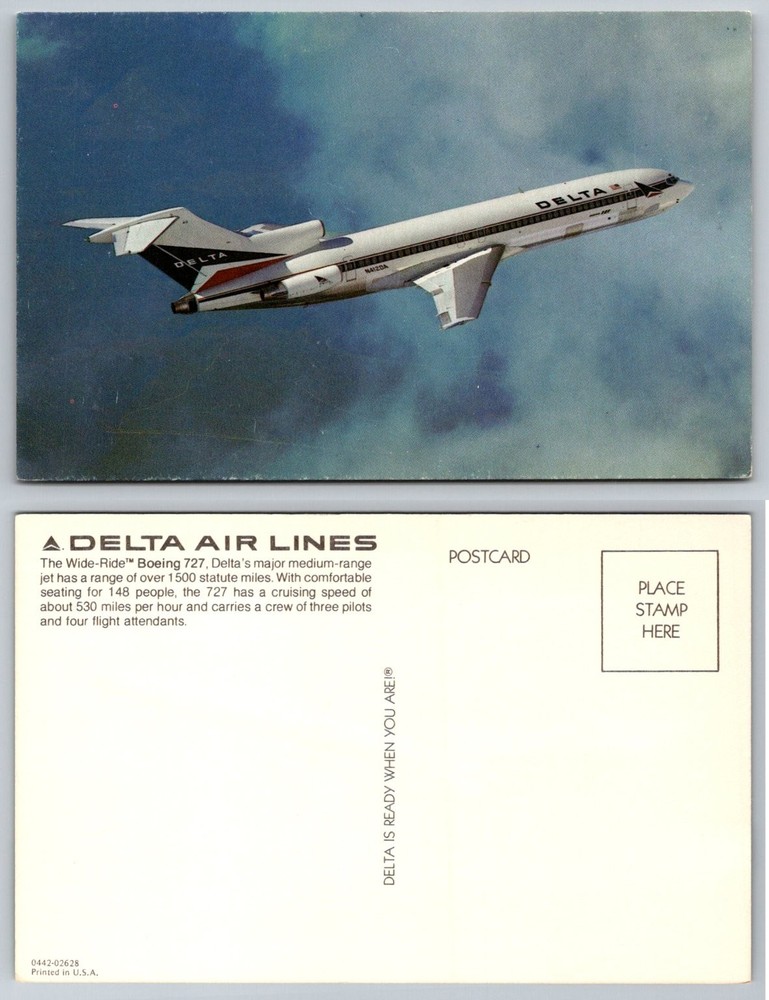 Vintage Delta Air Lines Boeing 727 Jet Airplane Postcard Aviation N412DA