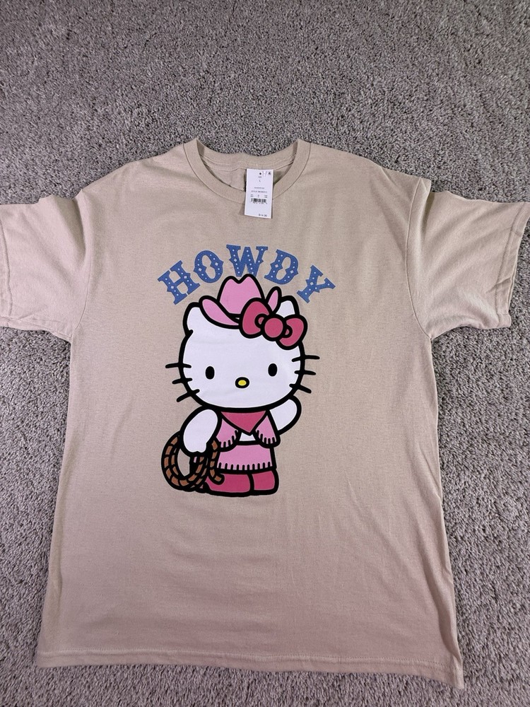 NWT Hello Kitty Howdy T Shirt Adult Size Large Beige, Pink and Blue Short Sleeve