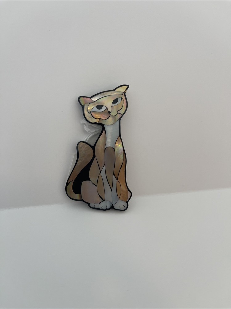 Vintage Inlaid Abalone Shell And Mother Of Pearl Kitty Cat Brooch