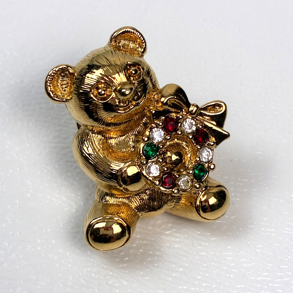 Gold Tone Teddy Bear Rhinestone Gift Enamel Lapel Pin 1 Inch