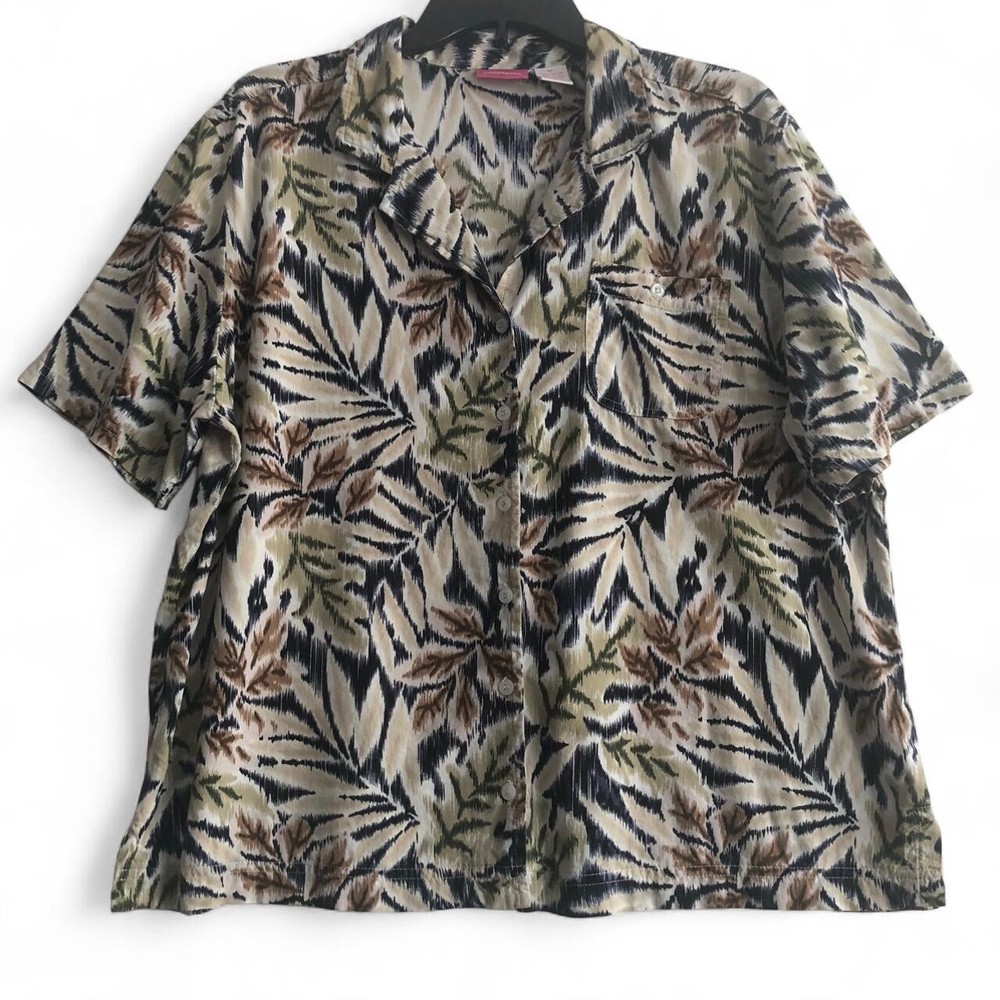 Cappagallo Floral Hawaiian Shirt Button Up Tropical Pocket Women XL Beige Short