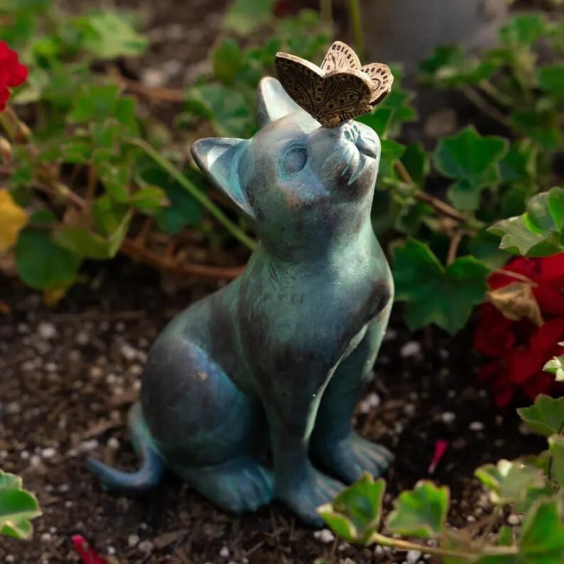 Vintage Resin Cat and Butterfly Garden Statue for Outdoor Home Decor
